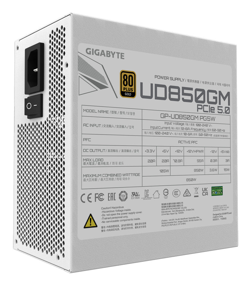 GIGABYTE UD850GM PG5W Netzteil - PCIe 5.0, 80 PLUS Gold, Vollmodulares Design, 120-mm-Lüfter, ATX 3.0 kompatibel, EU-Stecker