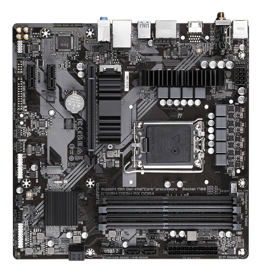 GIGABYTE B760M DS3H AX DDR4 Motherboard - Unterstützt Intel Core 14. Generation CPUs, 6+2+1 Phasen Digital VRM, bis zu 5333MHz DDR4 (OC), 2xPCIe 4.0 M.2, Wi-Fi 6E, 2.5GbE LAN, USB 3.2 Gen2