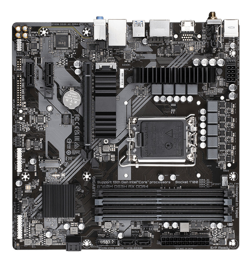 GIGABYTE B760M DS3H AX DDR4 Motherboard - Unterstützt Intel Core 14. Generation CPUs, 6+2+1 Phasen Digital VRM, bis zu 5333MHz DDR4 (OC), 2xPCIe 4.0 M.2, Wi-Fi 6E, 2.5GbE LAN, USB 3.2 Gen2