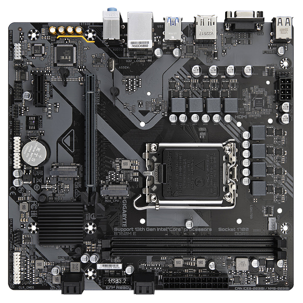Carte mère GIGABYTE B760M E – Prend en charge les processeurs Intel Core de 14e génération, VRM à 6+1+1 phases, jusqu'à 7200 MHz DDR5 (OC), 2xPCIe 4.0 M.2, 1 GbE LAN, USB 3.2 Gen 1