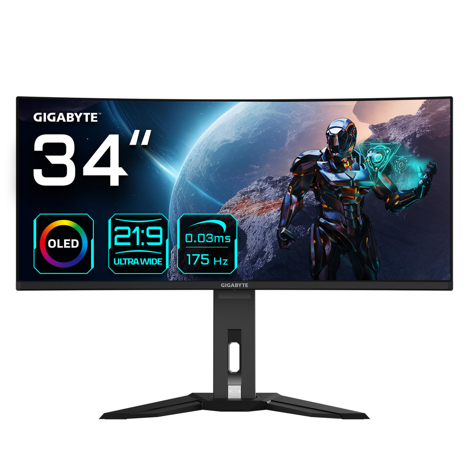 Monitor Gaming Curvo GIGABYTE MO34WQC 34" OLED WQHD - 3440 x 1440, 175Hz, 0,03ms, KVM, 250 cd/m², FreeSync Premium Pro, DisplayHDR True Black 400, HDMI 2.1, DisplayPort 1.4