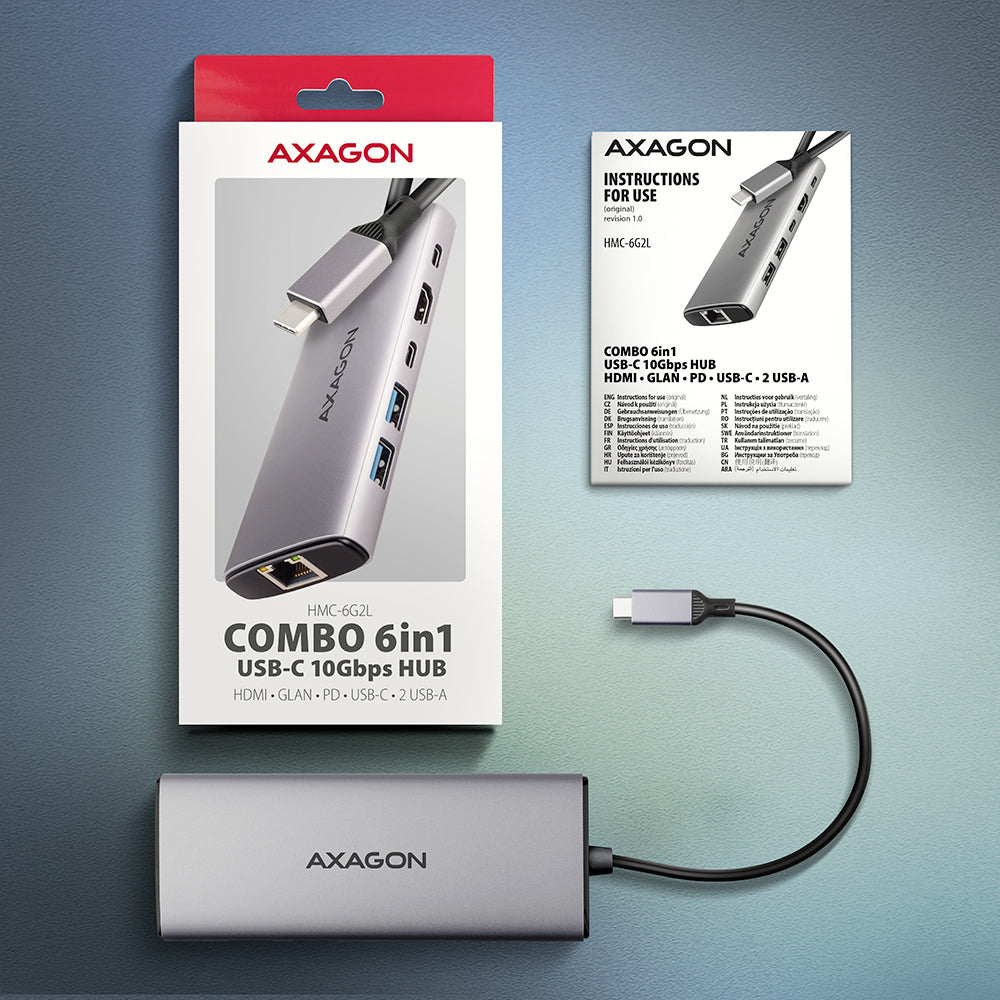Axagon HMC-6G2L USB 10Gbps hub, 2x USB-A, 1x USB-C, HDMI 4k/60Hz, RJ-45, PD 100W