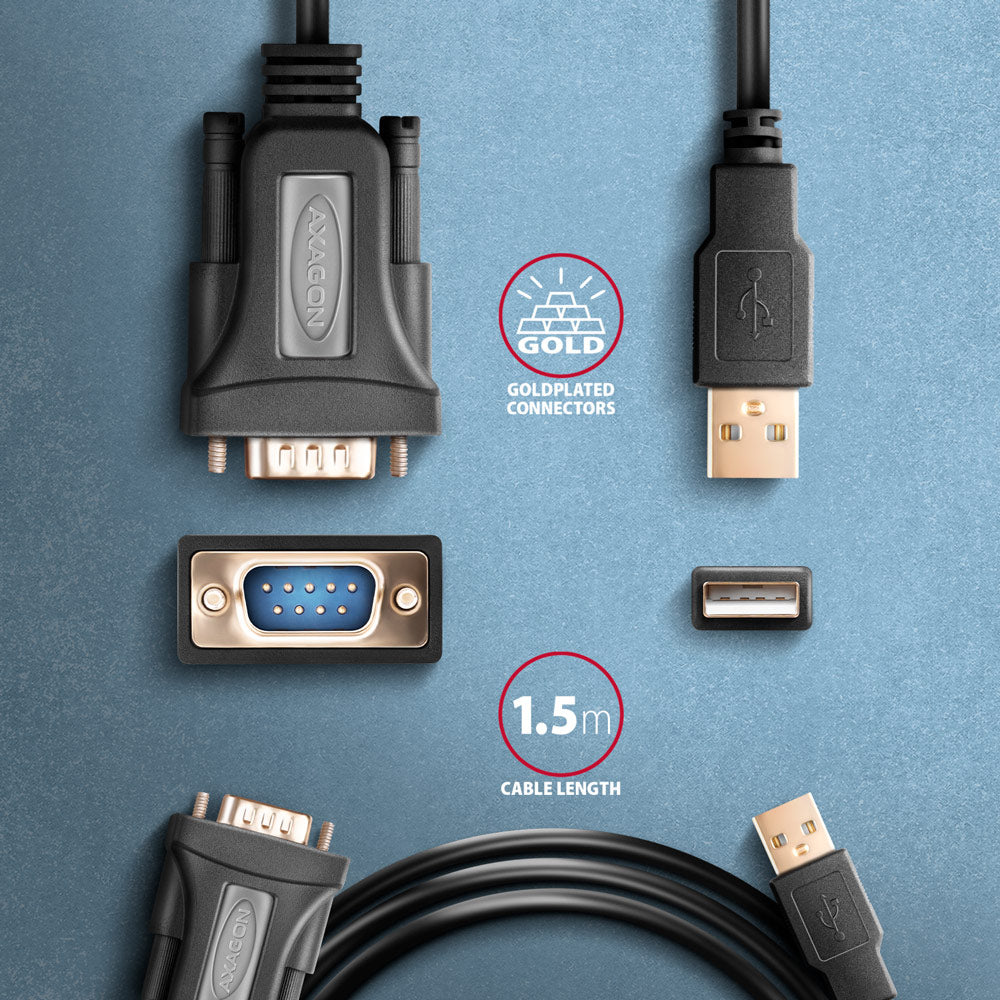 Axagon ADS-1PQN USB-A 2.0 - serial RS-232 DB9-M FTDI adapter cable 1.5m - Adapter - Digital/Daten Serien-Kabel Schwarz 1,5 m USB Typ-A