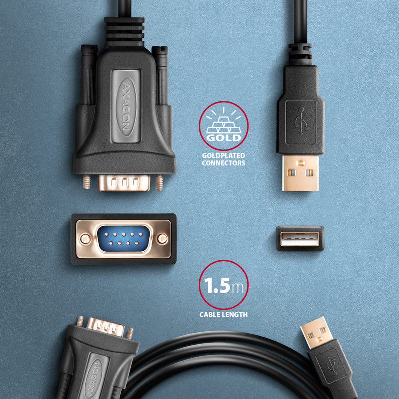 Axagon ADS-1PQN USB-A 2.0 - serial RS-232 DB9-M FTDI adapter cable 1.5m - Adapter - Digital/Daten Serien-Kabel Schwarz 1,5 m USB Typ-A