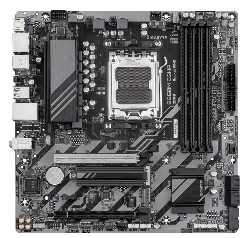 GIGABYTE B850M D3HP Motherboard - AMD Ryzen 9000 Series CPUs, 5+2+2 Phasen Digital VRM, bis zu 8200MHz DDR5 (OC), 1xPCIe 5.0 + 1xPCIe 4.0 M.2, GbE LAN, USB 3.2 Gen 2