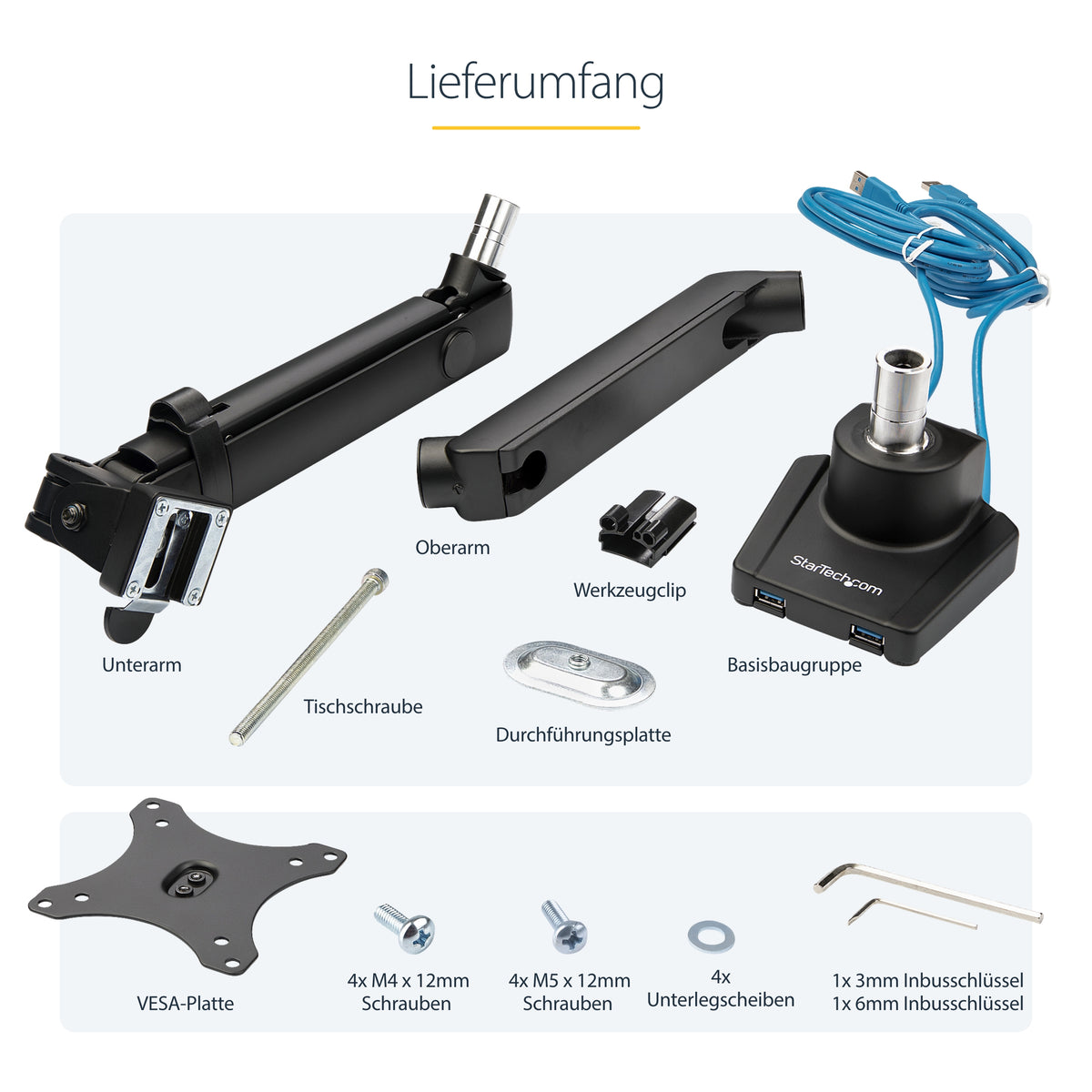 StarTech.com Tisch Monitorarm mit 2x USB 3.0 Ports, Vollbewegliche Monitorhalterung mit Federarm für VESA Monitore bis zu 34 Zoll (8kg), C-Klemme/Durchführung