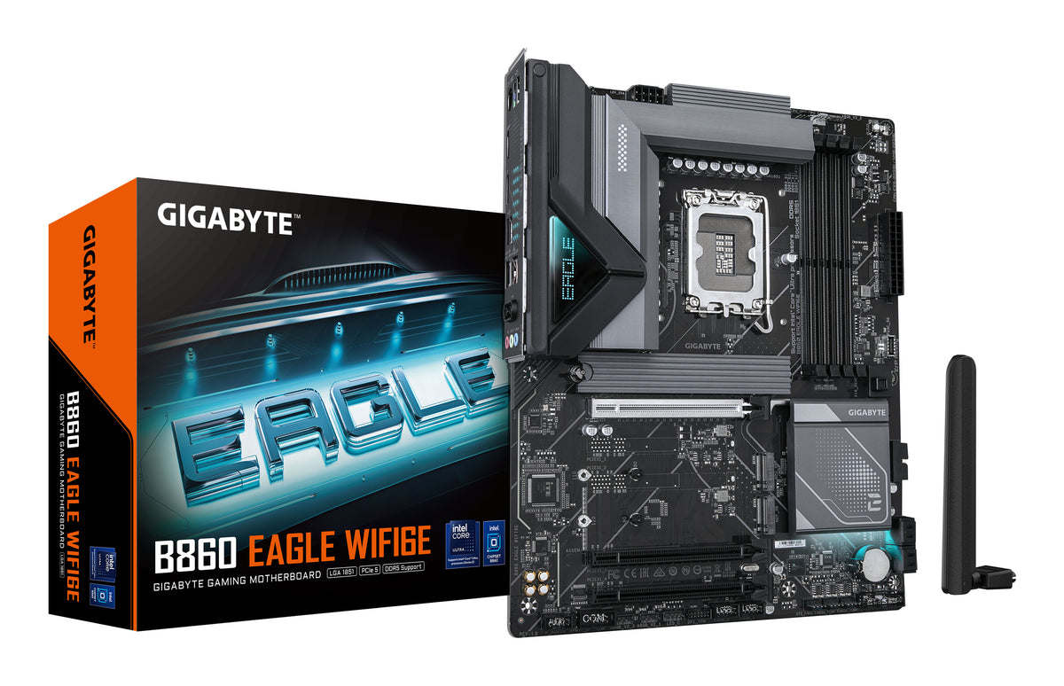 GIGABYTE B860 EAGLE WIFI6E Mainboard - Intel Core Ultra CPUs, 12+1+2+1 Phasen VRM, bis zu 9066MHz DDR5, 1xPCIe 5.0 + 2xPCIe 4.0 M.2, 2,5 GbE LAN, WIFI 6E, USB 3.2 Gen 2x2