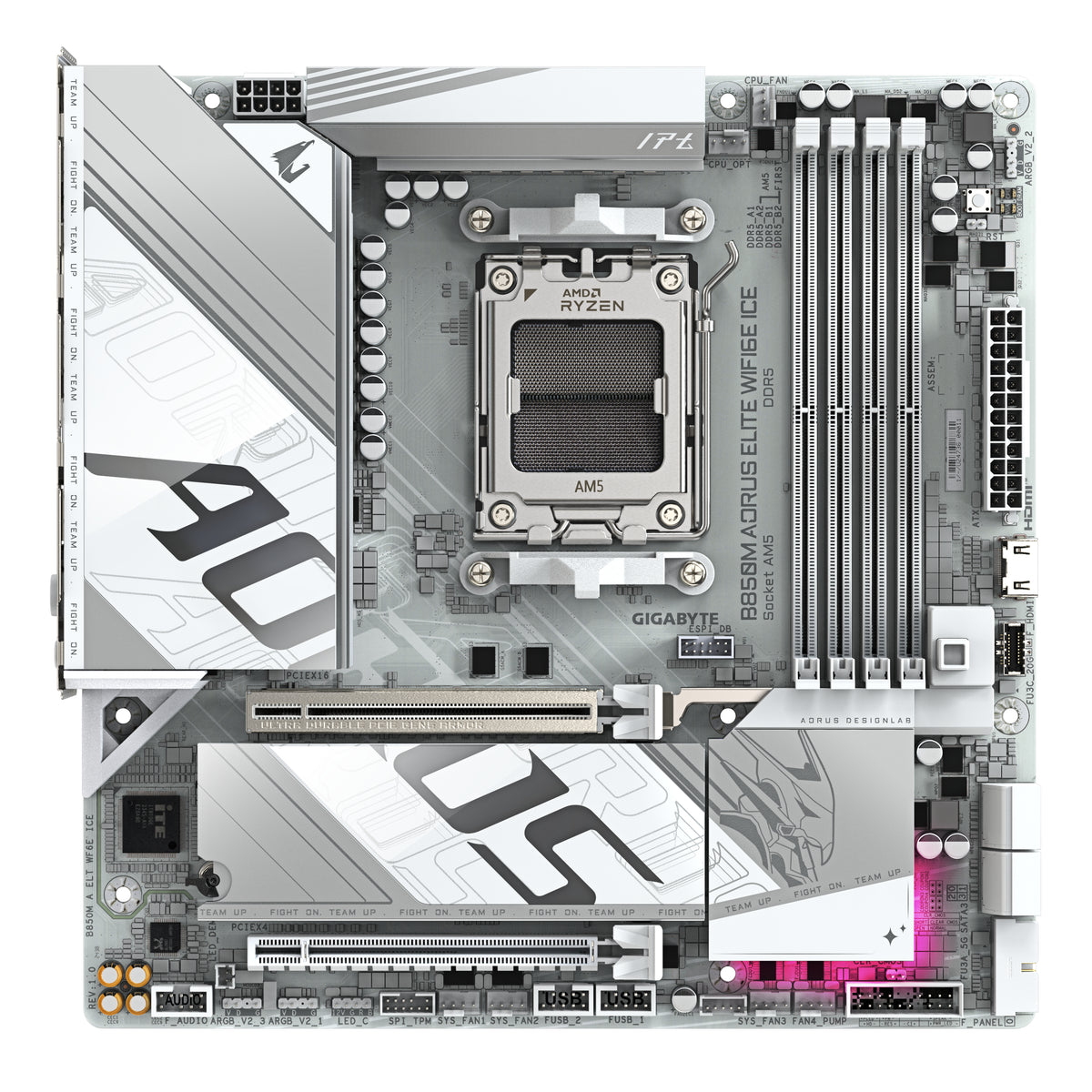 GIGABYTE B850M AORUS ELITE WIFI6E ICE Motherboard - AMD Ryzen 9000 Series CPUs, 12+2+1 Phasen Digital VRM, bis zu 8200MHz DDR5 (OC), 1xPCIe 5.0 + 1xPCIe 4.0 M.2, 2.5 LAN, WIFI 7, USB 3.2 Gen 2