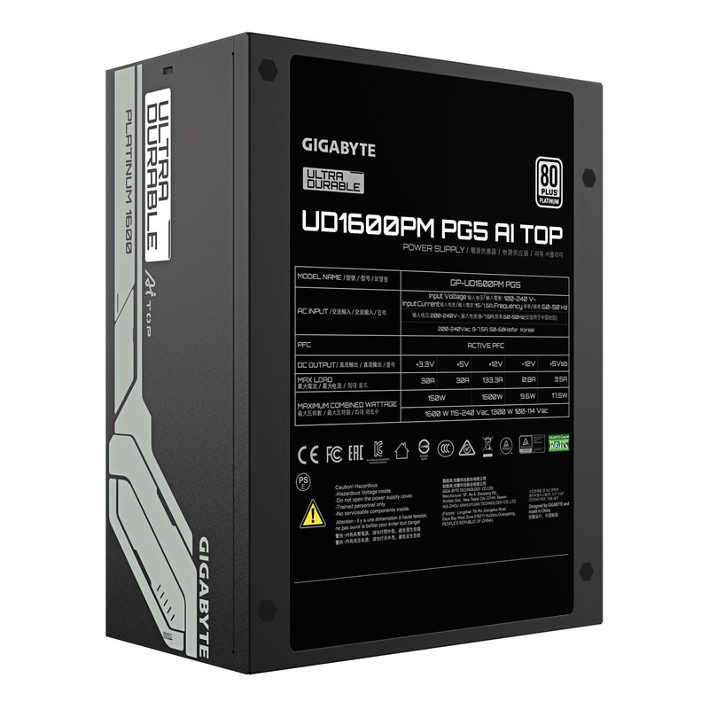 GIGABYTE UD1600PM PG5 AI TOP Netzteil - PCIe 5.0, 80 PLUS Platinum, Vollmodulares Design, 120-mm-Lüfter, ATX 3.1 kompatibel, EU-Stecker