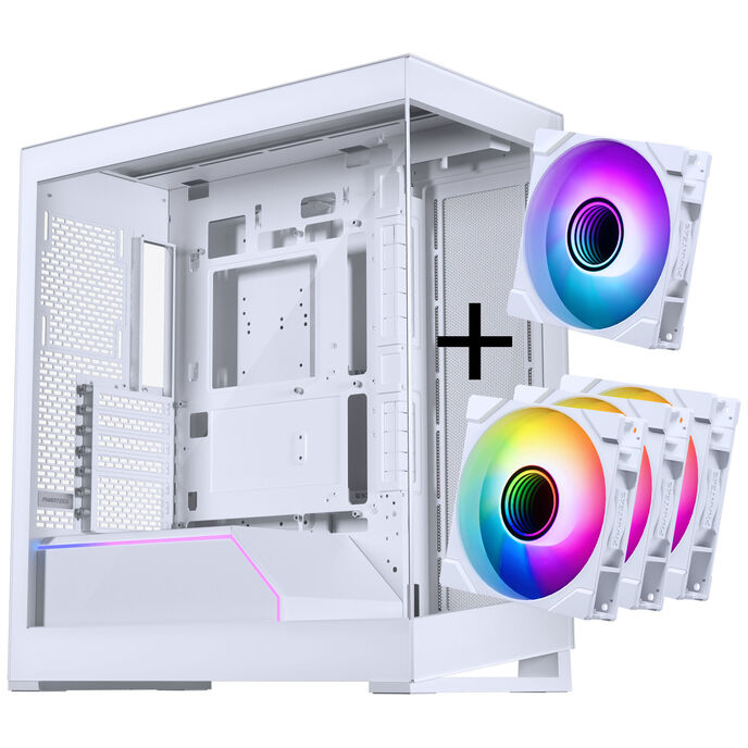 PHANTEKS NV-Serie NV5 MK2 ATX-Gehäuse, Tempered Glass, DRGB - Matte White + 3er Pack M25 Gen2 PWM D-RGB Lüfter Reverse Blade + 1x Normal Fan - 120mm