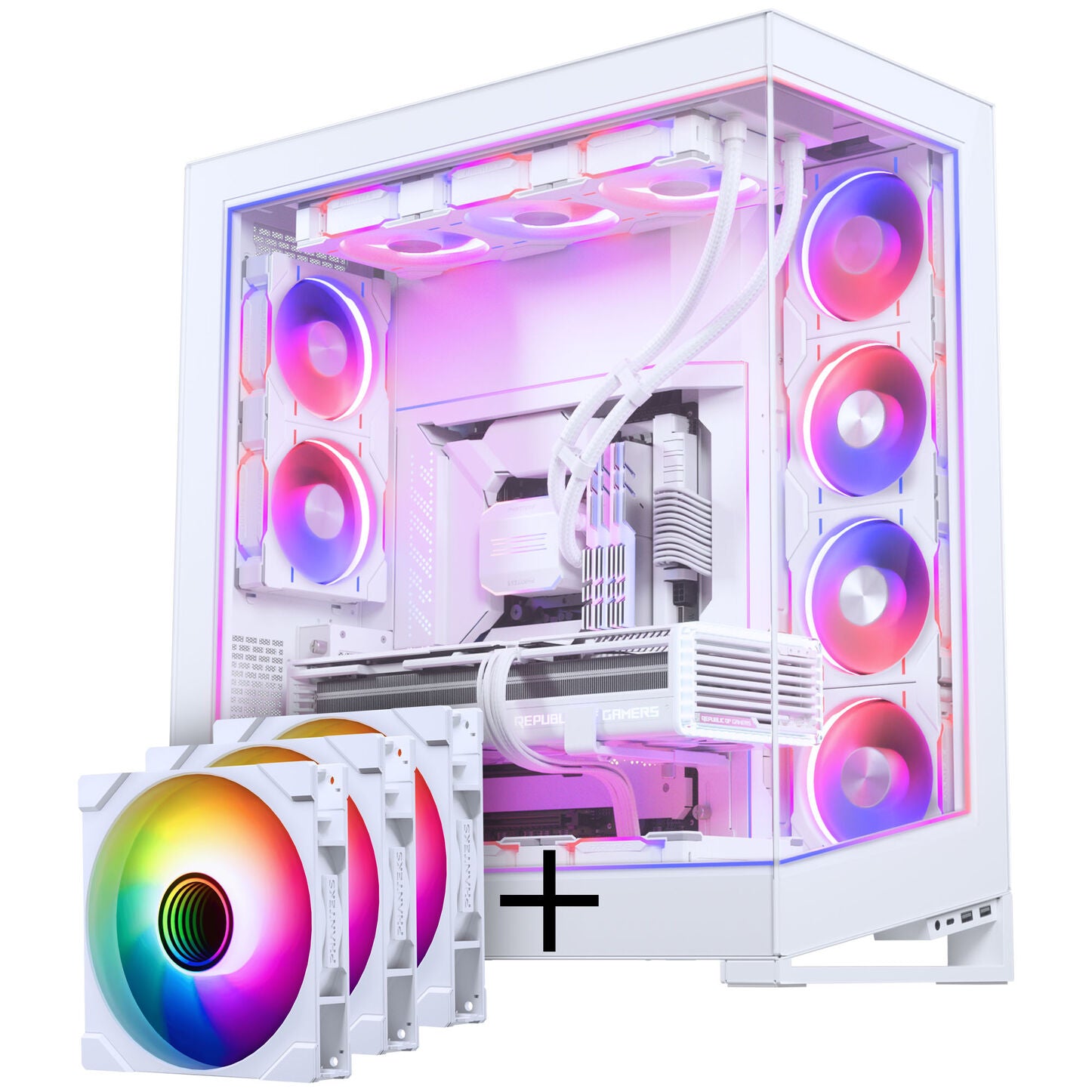 PHANTEKS NV Series NV7 E-ATX-Gehäuse, Tempered Glass, ARGB - weiß & M25 Gen2 PWM D-RGB Lüfter 3er-Pack - Reverse Blade, 140mm + DRGB Kit