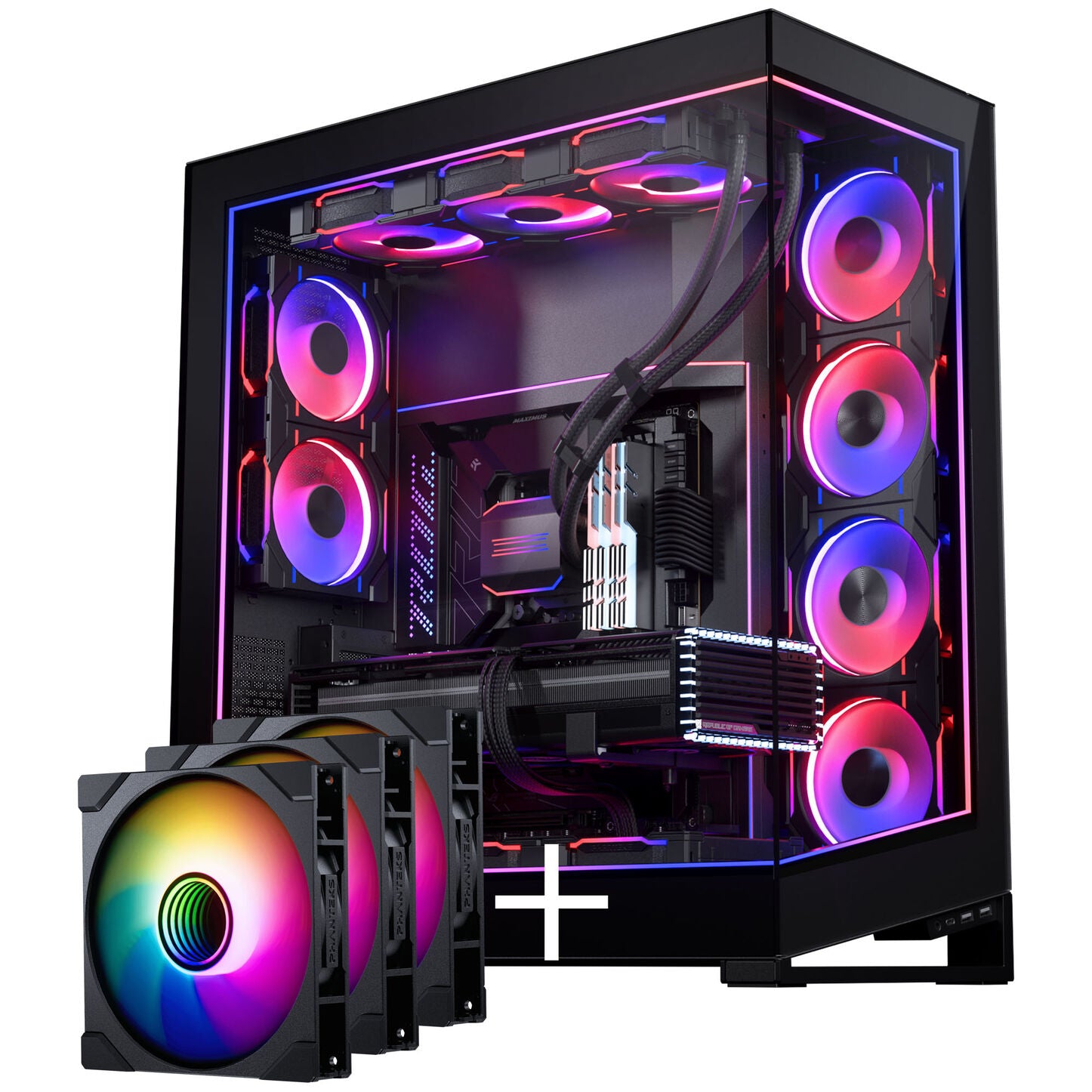 PHANTEKS NV Series NV7 E-ATX-Gehäuse, Tempered Glass, ARGB - schwarz & M25 Gen2 PWM D-RGB Lüfter 3er-Pack - Reverse Blade, 140mm + DRGB Kit