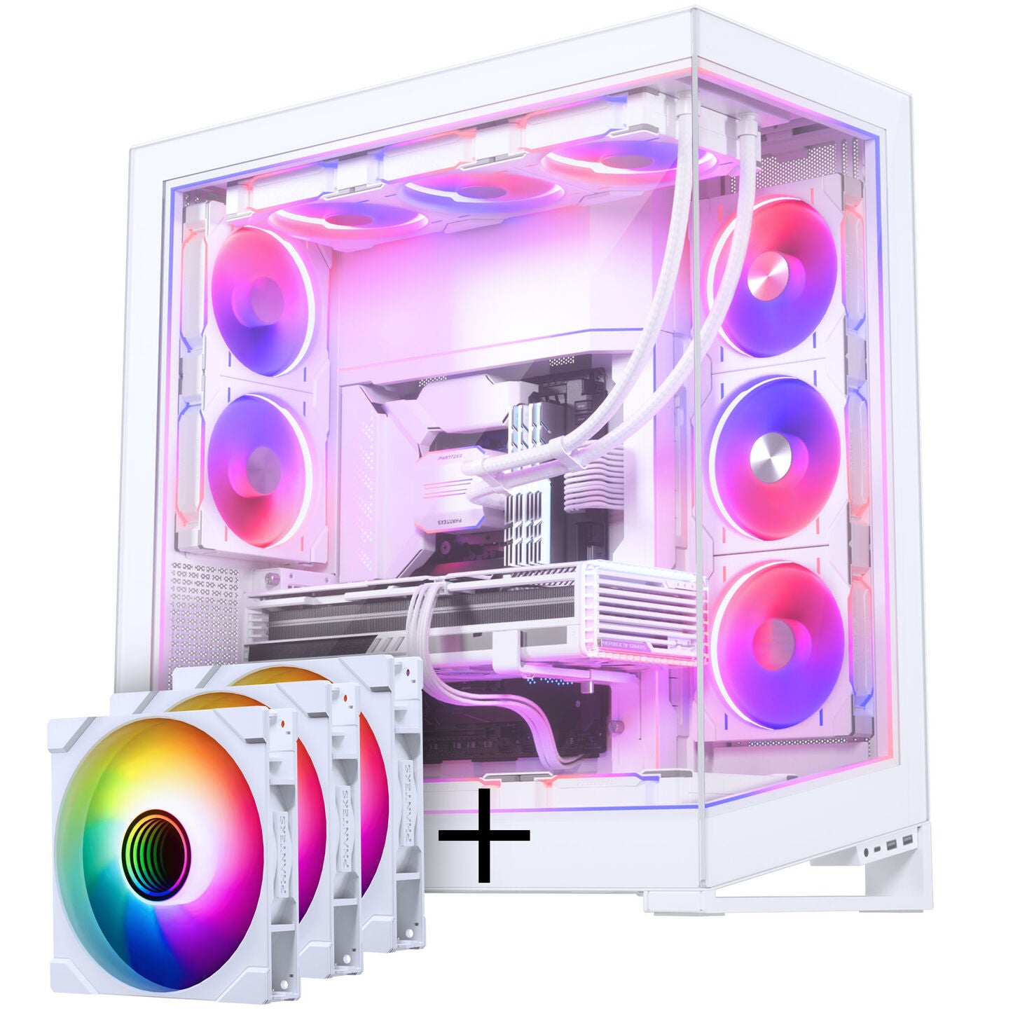 PHANTEKS NV Series NV9 E-ATX-Gehäuse, Tempered Glass, ARGB - mattweiß + M25 Gen2 PWM D-RGB Lüfter 3er-Pack - Reverse Blade, 140mm, weiß + DRGB Kit