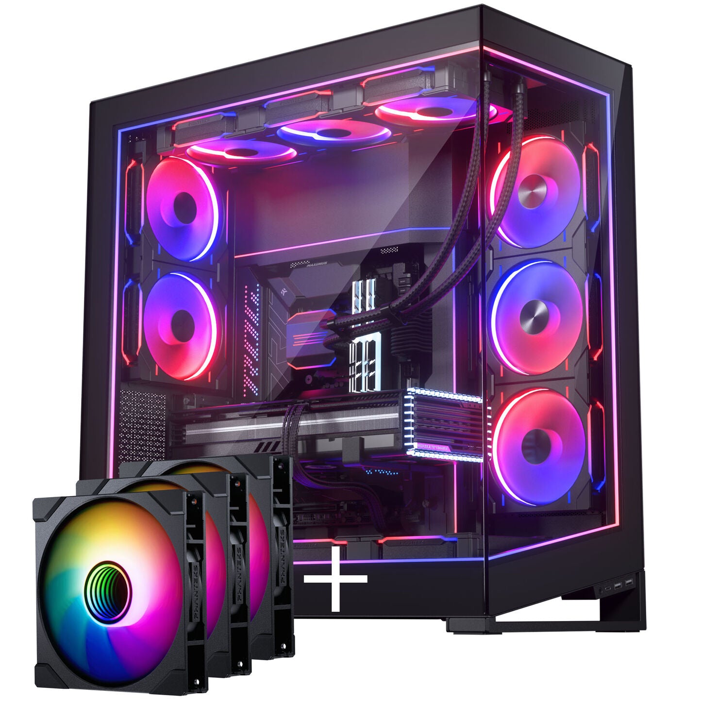 PHANTEKS NV-Series NV9 MK2 PC-Gehäuse, EATX, DRGB, Tempered Glass - schwarz & M25 Gen2 PWM D-RGB Lüfter 3er-Pack - Reverse Blade, 140mm, schwarz + DRG