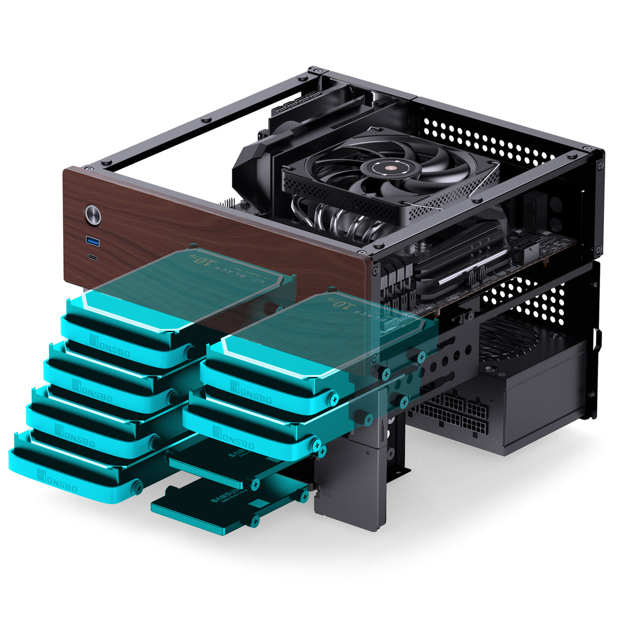 Jonsbo N4 Micro ATX Desktop Black / Brown Mesh Side Panel, USB 3.2 Gen 2 Type-C, USB 3.2 Gen 1 Type-A