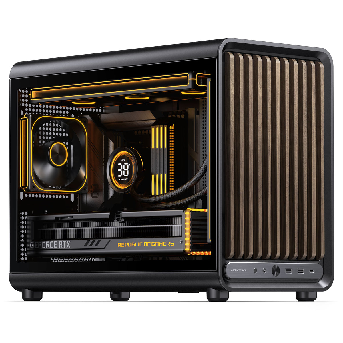 Jonsbo D33 Wood PC-Gehäuse, mATX, Tempered Glass - schwarz, Holz