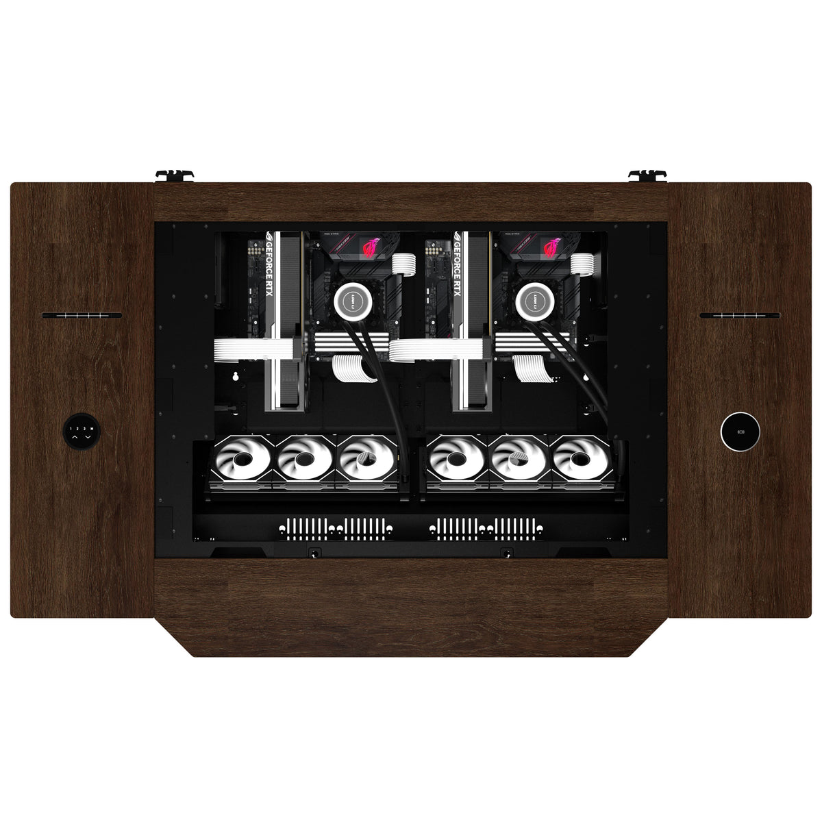 Lian Li DK07 Tischgehäuse Wood Edition, Dual-System-fähig, 2x E-ATX, höhenverstellbar - Walnuss, schwarz