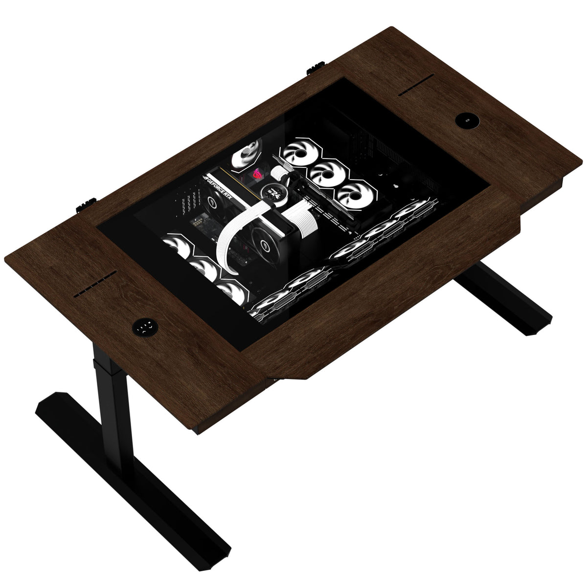 Lian Li DK07 Tischgehäuse Wood Edition, Dual-System-fähig, 2x E-ATX, höhenverstellbar - Walnuss, schwarz