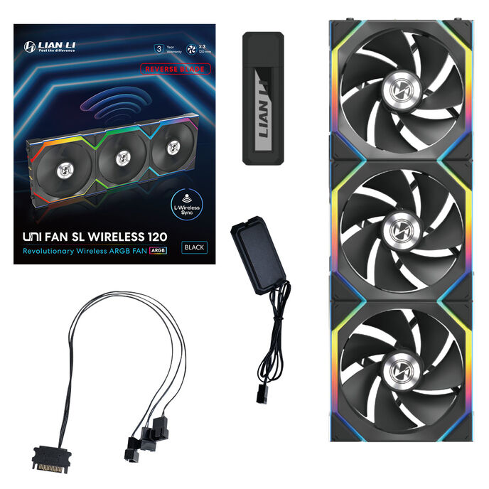 Lian Li UNI FAN SL Wireless 120 Reverse Blade 120mm Black Addressable RGB PWM 64 CFM 3-Pack