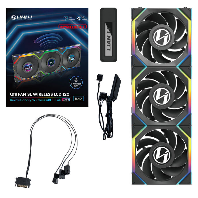 Lian Li UNI FAN SL Wireless LCD 120mm Black Addressable RGB PWM 51.45 CFM Reverse 3-Pack