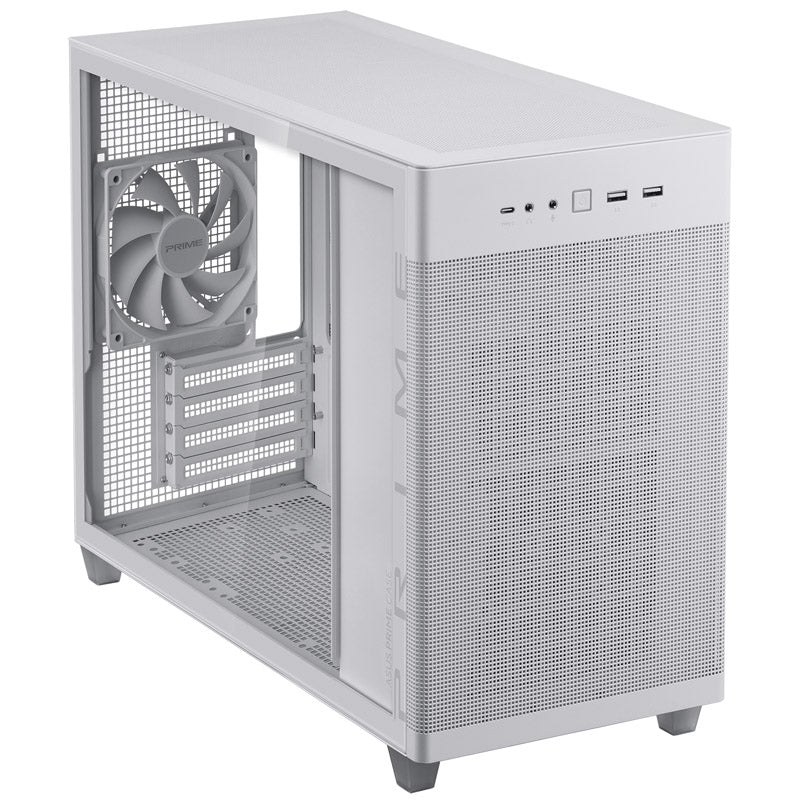 Asus Prime AP201 Micro ATX Mini Tower White Tempered Glass Side Panel, USB 3.2 Gen 2 Type-C, USB 3.2 Gen 1 Type-A