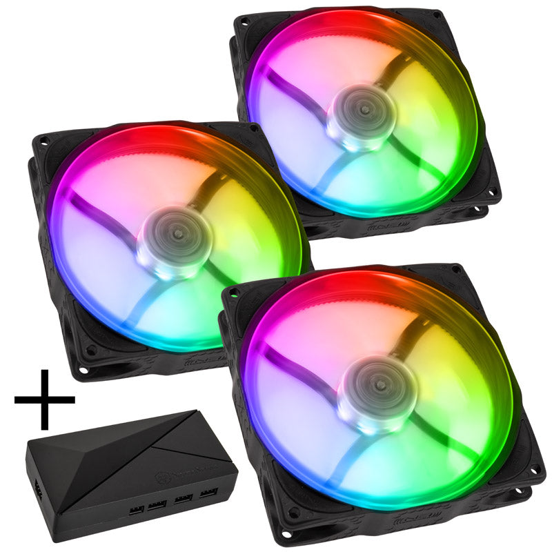 Noiseblocker NB-eLoop X B12-PS ARGB, PWM - 120mm, schwarz + ARGB 8x Port Hub - 3er Set
