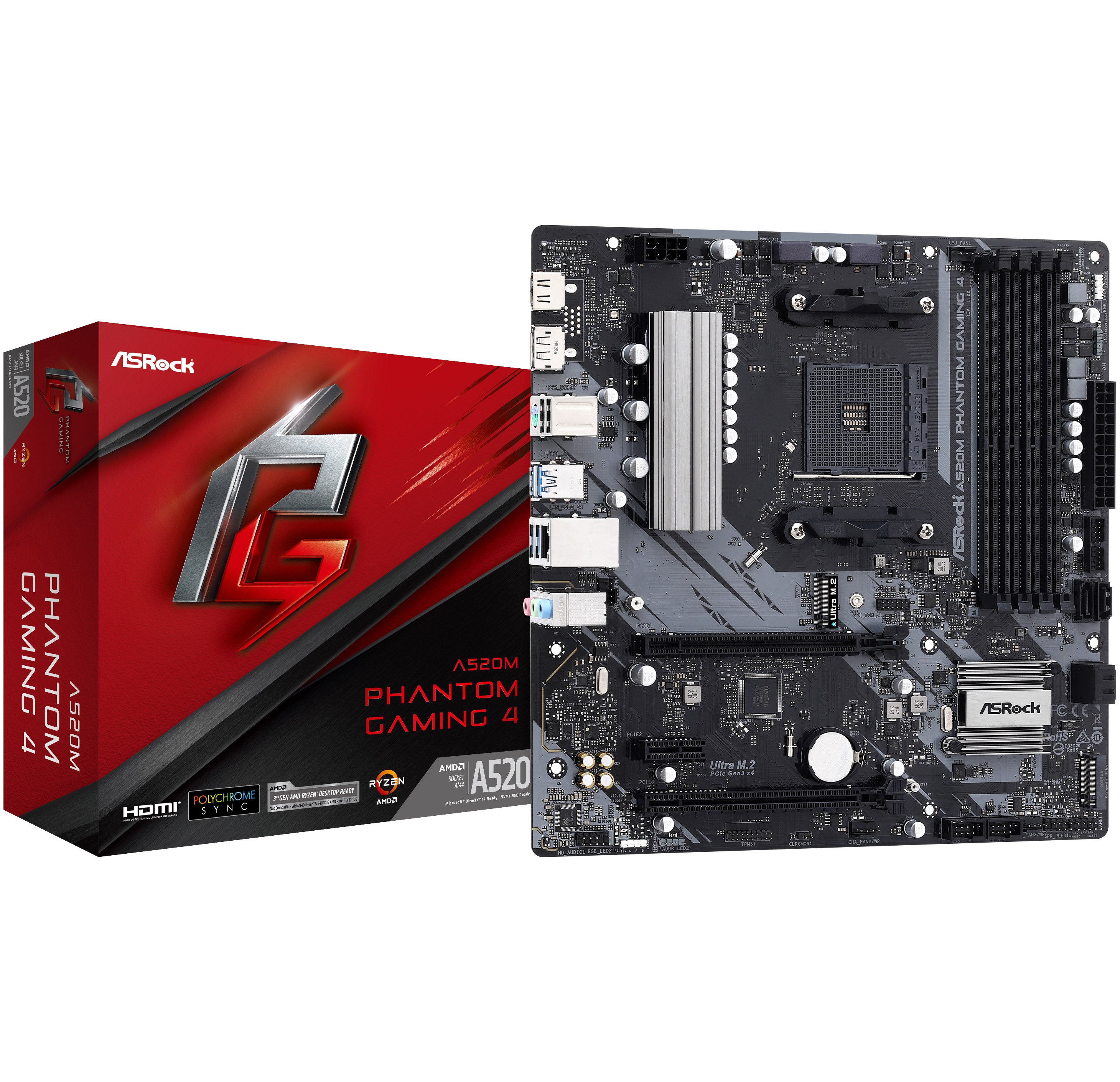 ASRock A520M Phantom Gaming 4 Mainboard - A520-Chipsatz, Sockel AM4, DDR4