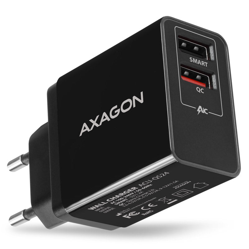 AXAGON ACU-QS24 Ladegerät, 2x USB-A, QC3.0/Smart 5V 1,2A, 24W - schwarz