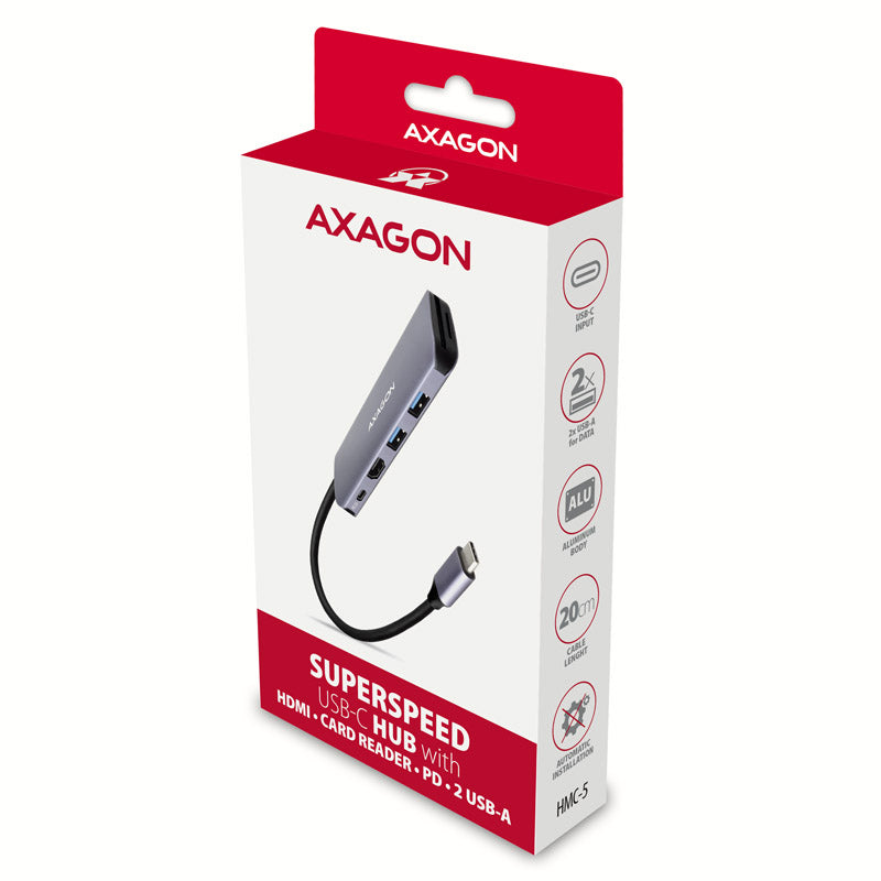 AXAGON HMC-5 USB-C-Hub, 2x USB-A, HDMI, 2x USB-C 3.2 Gen 1, 1x SD, 1x microSD, silber