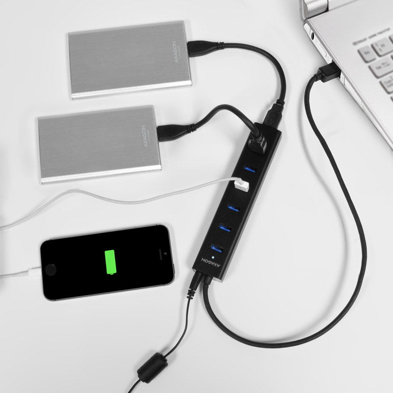 AXAGON HUE-SA7BP USB-A-Hub, 7x USB 3.0, 1x Micro-USB - 400 mm Kabel, Netzteil