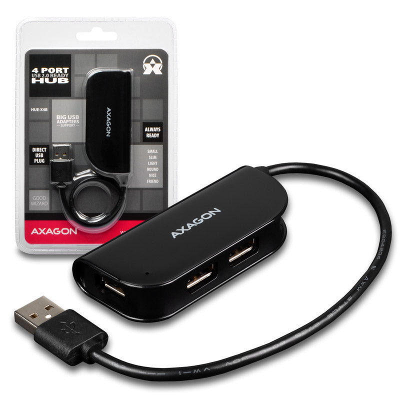 AXAGON HUE-X4B USB-A-Hub, 4x USB 2.0 - 20 cm, schwarz