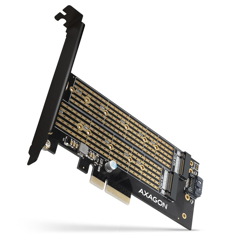 AXAGON PCEM2-D PCIe-3.0-Adapter, 1x M.2-NVMe, 1x M.2-SATA, bis 22110 - passive Kühlung