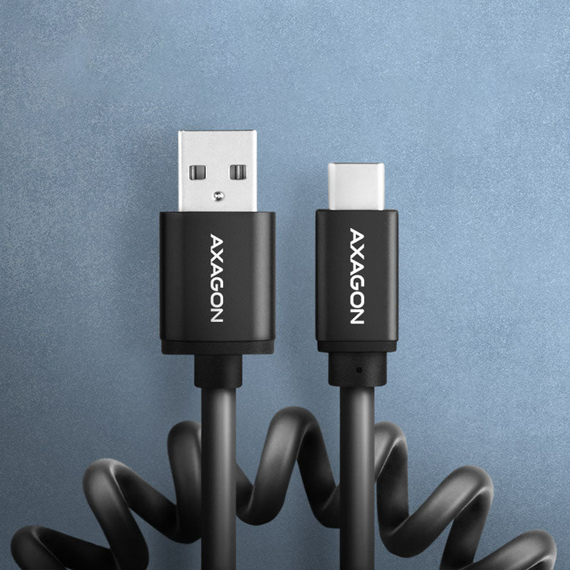 AXAGON BUCM-AM20TB Spiralkabel, USB-C zu USB-A, 1 m, USB 2.0, 2.4 A, ALU, PVC - Schwarz