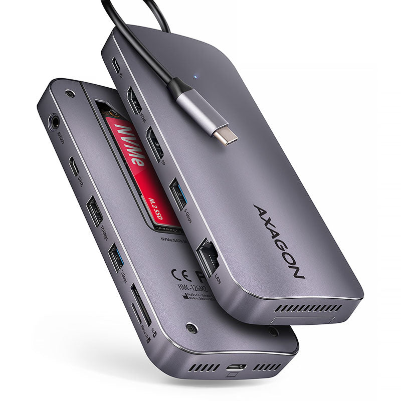 AXAGON HMC-12GM2 Multiport-Hub, USB-C 3.1, M.2-NVMe/SATA, DP + HDMI, Gbit-LAN, 3x USB-A, 1x USB-C, CR