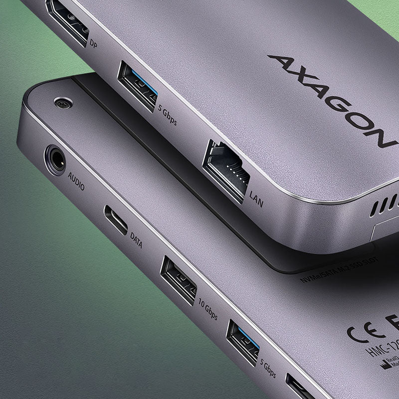 AXAGON HMC-12GM2 Multiport-Hub, USB-C 3.1, M.2-NVMe/SATA, DP + HDMI, Gbit-LAN, 3x USB-A, 1x USB-C, CR