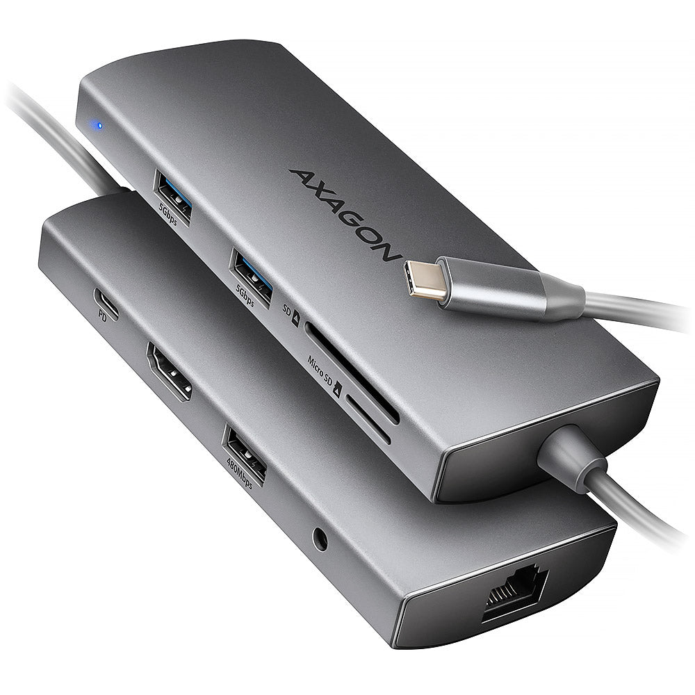 AXAGON HMC-8HLSA USB-C 3.2 Gen 1 Multiport-Hub, 3x USB-A + 4K/60Hz HDMI + SD/microSD, Gigabit LAN, Audio, PD 100W - Silber