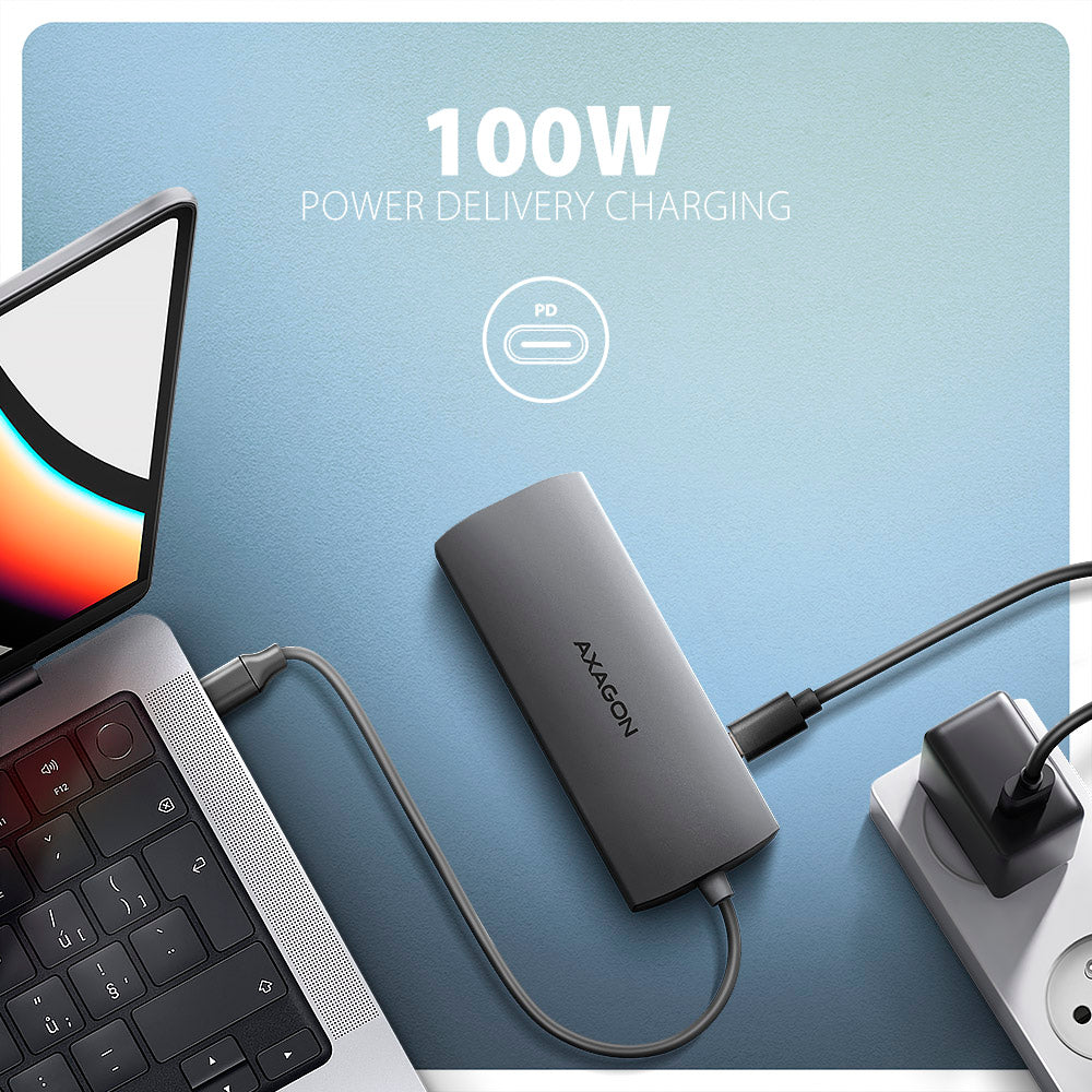 AXAGON HMC-8HLSA USB-C 3.2 Gen 1 Multiport-Hub, 3x USB-A + 4K/60Hz HDMI + SD/microSD, Gigabit LAN, Audio, PD 100W - Silber