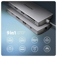 AXAGON HMC-8HLSA USB-C 3.2 Gen 1 Multiport-Hub, 3x USB-A + 4K/60Hz HDMI + SD/microSD, Gigabit LAN, Audio, PD 100W - Silber