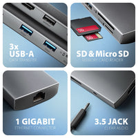 AXAGON HMC-8HLSA USB-C 3.2 Gen 1 Multiport-Hub, 3x USB-A + 4K/60Hz HDMI + SD/microSD, Gigabit LAN, Audio, PD 100W - Silber