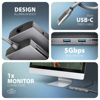 AXAGON HMC-8HLSA USB-C 3.2 Gen 1 Multiport-Hub, 3x USB-A + 4K/60Hz HDMI + SD/microSD, Gigabit LAN, Audio, PD 100W - Silber