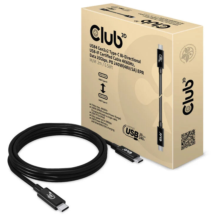 Club 3D USB4 Gen2x2 Typ-C USB-IF Zertifiziertes Kabel 4K60Hz, Daten 20Gbps, PD 240W EPR St./St. 2m
