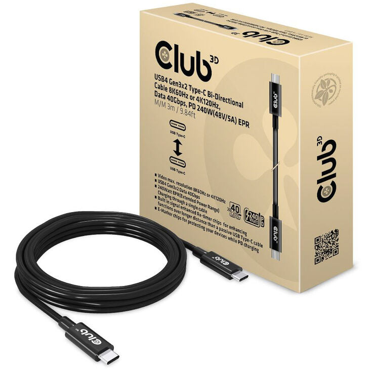 Club 3D USB4 Gen3x2 Type-C Bi-Direktionale Kabel 8K60Hz oder 4K120Hz, Data 40Gbps, PD 240W(48V/5A) EPR St/St 3m