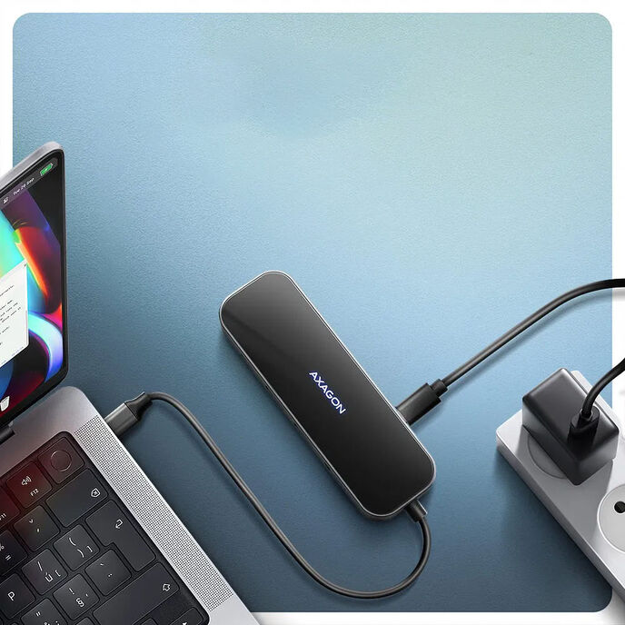 AXAGON HMC-6GLN USB-Hub, 2x USB-A, 1x USB-C, 1x HDMI 2.0, 1x RJ45, 100 W PD – silber