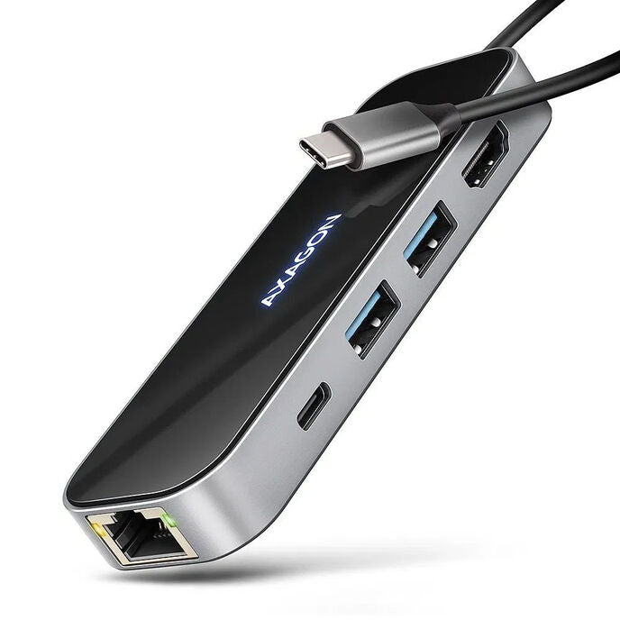 AXAGON HMC-6GLN USB-Hub, 2x USB-A, 1x USB-C, 1x HDMI 2.0, 1x RJ45, 100 W PD – silber