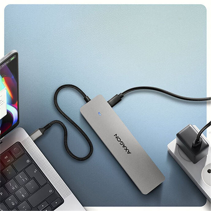 AXAGON HMC-7HX2 USB-Hub, 2x USB-A, 1x USB-C, 2x HDMI 2.0, 1x RJ45, 100 W PD – silber