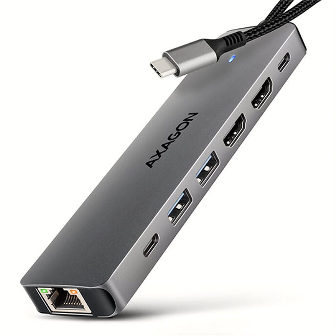 AXAGON HMC-7HX2 USB-Hub, 2x USB-A, 1x USB-C, 2x HDMI 2.0, 1x RJ45, 100 W PD – silber
