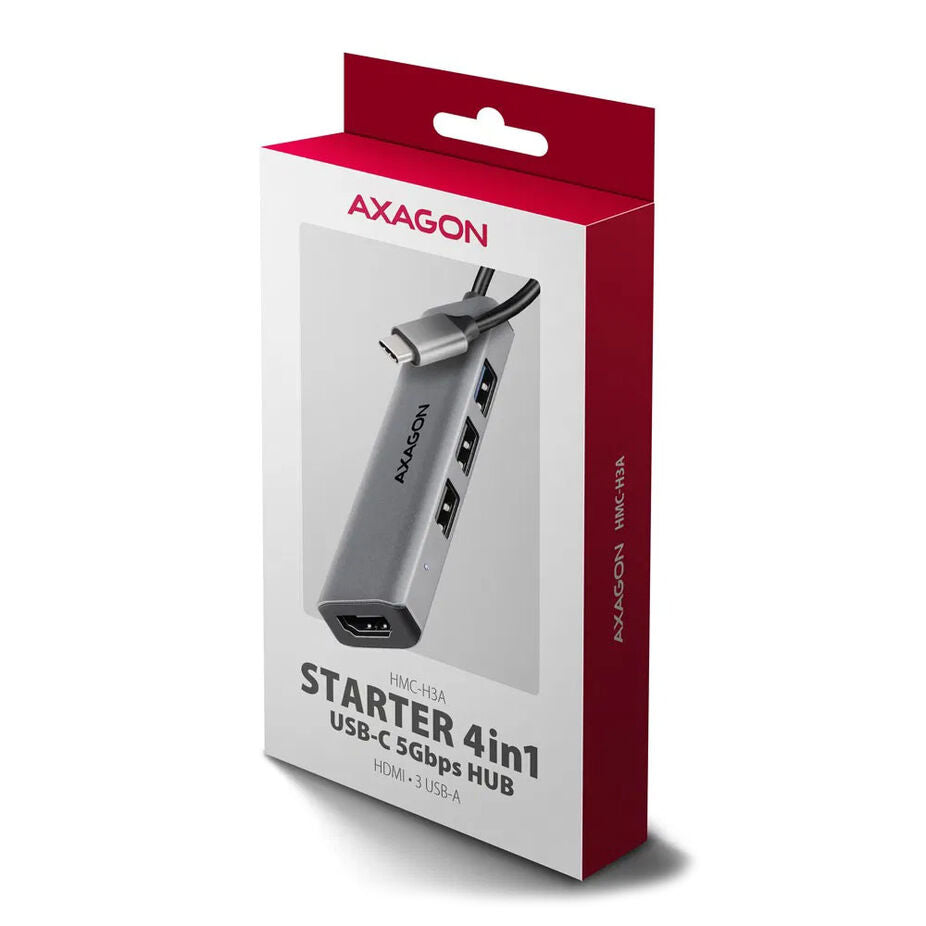 AXAGON HMC-H3A USB-Hub, 3x USB-A, 1x HDMI 1.4b - silber