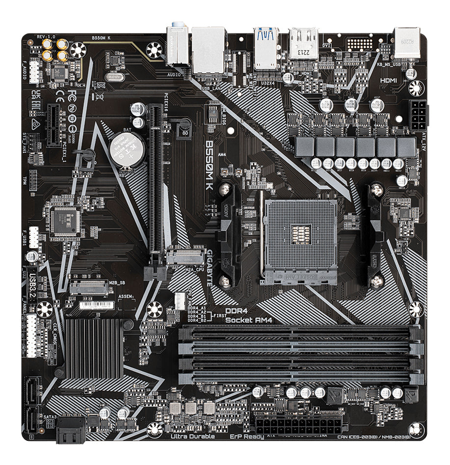 GIGABYTE B550M K Mainboard – AMD Ryzen 5000 CPUs, bis zu 4733 MHz DDR4, 1xPCIe 4.0 + 1xPCIe 3.0 M.2, 1GbE LAN, USB 3.2 Gen 1