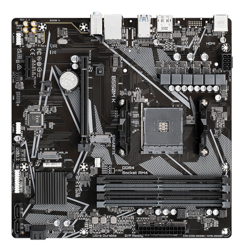 GIGABYTE B550M K Mainboard – AMD Ryzen 5000 CPUs, bis zu 4733 MHz DDR4, 1xPCIe 4.0 + 1xPCIe 3.0 M.2, 1GbE LAN, USB 3.2 Gen 1