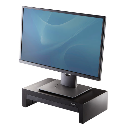 Fellowes Designer Suites Monitorständer Bildschirm-Halterungen – Schwarz mit Perleffekt, bis 21 Zoll, 18 kg Tragkraft, Höhenverstellung 110-150 mm – 8038101